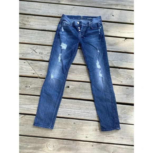 7 For All Mankind Josefina Boyfriend Button Up Jeans Size 26 Distressed Womens - Picture 1 of 5